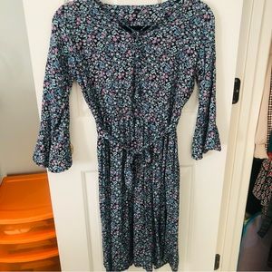 Girls floral midi dress Sz XL bell sleeve navy blue